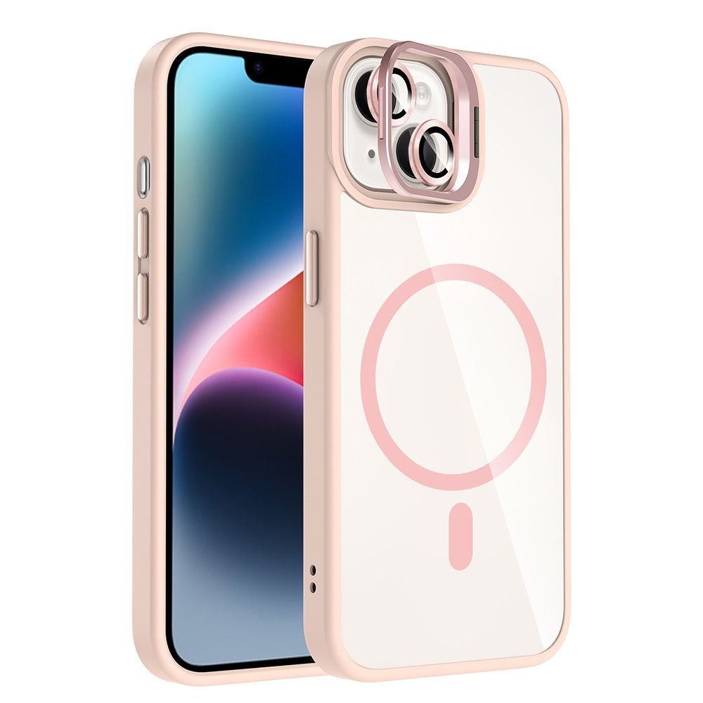 Pembe bir kılıf içinde bir iPhone gösteriliyor. Kılıfın arkası şeffaf, pembe daire tasarımlı ve bir kamera halkası var.