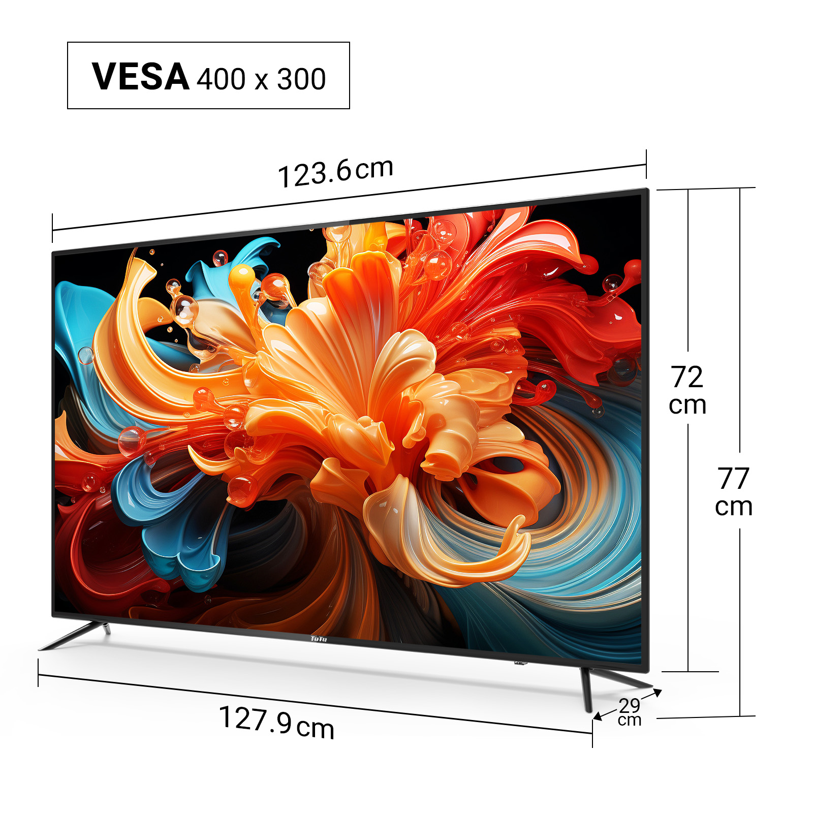 A TV displays a colorful abstract image. Dimensions are shown: 127.9cm width, 77cm height, and 29cm depth. VESA 400 x 300.