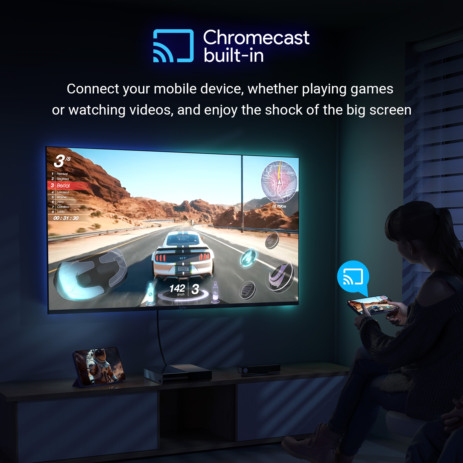 A woman playing a racing game on TV via Chromecast from her phone. A tablet displays an astronaut.