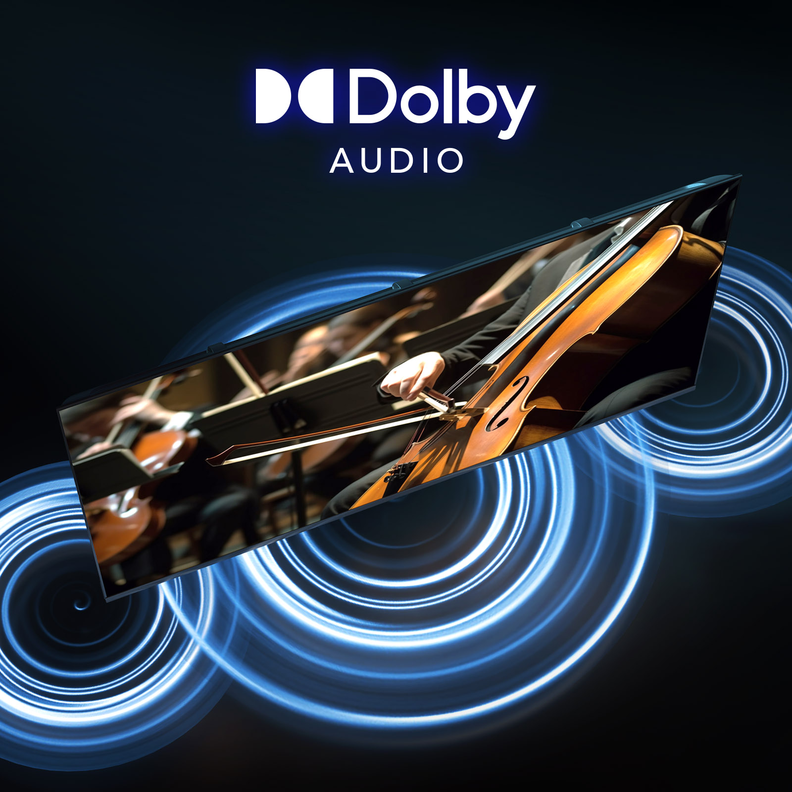 TV screen shows orchestra performance. Dolby Audio logo above. Blue soundwave rings in the background.