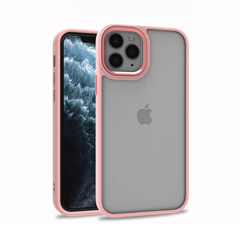 Pembe çerçeveli iki iPhone kılıfı. Bir telefon solda, diğeri sağda. iPhone kılıfları şeffaf.