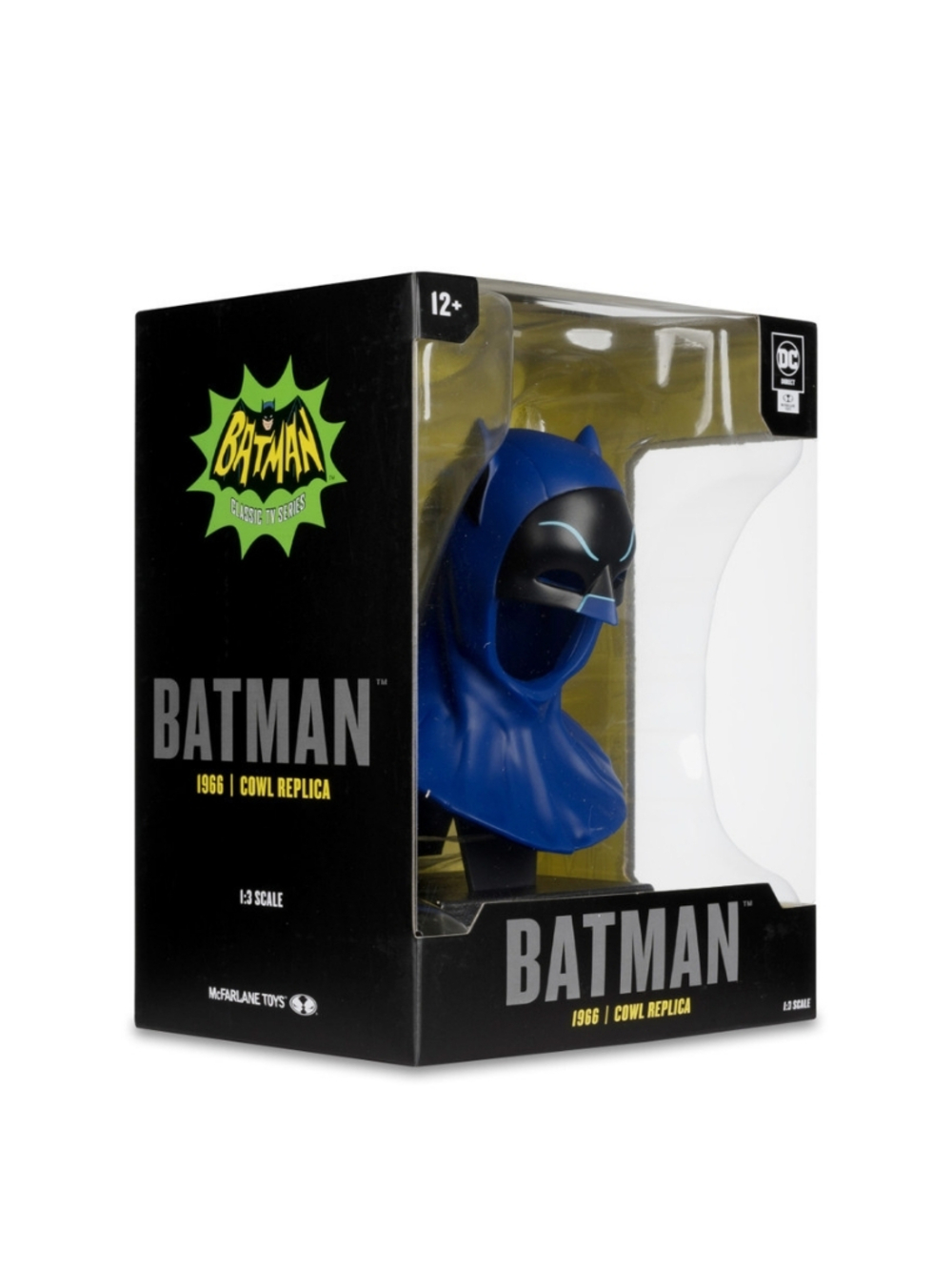 Kutuda Batman başlık replikası. Siyah göz maskeli mavi başlık. Kutuda 'Batman' ve '1966 Cowl Replica' yazıyor.