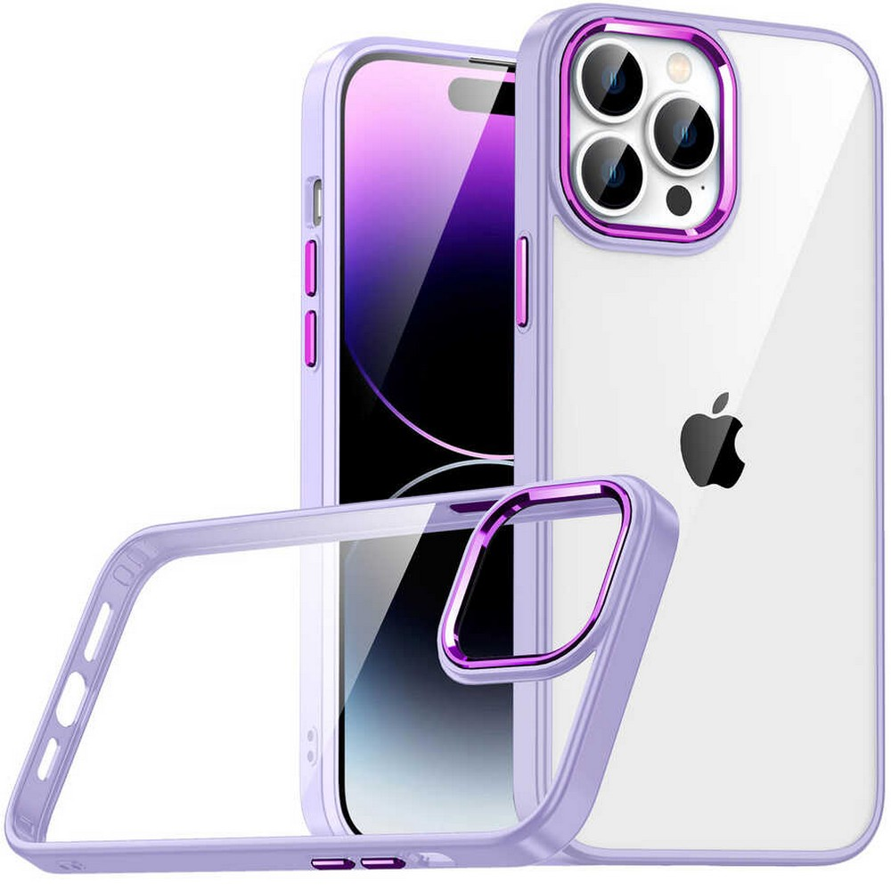 Mor çerçeveli şeffaf bir kılıf içinde bir iPhone. Telefonun ekranı görünür durumda, Apple logosu belirgin.