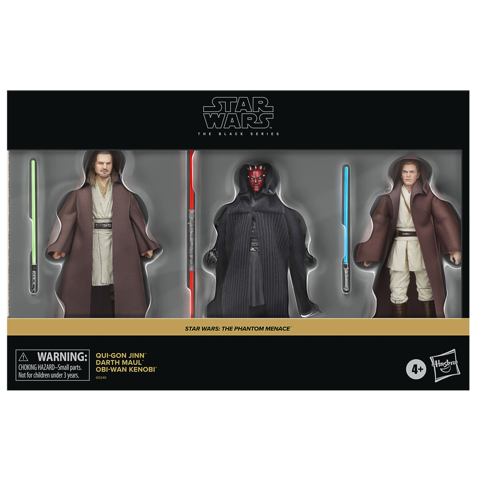 Star Wars figürleri: Qui-Gon Jinn, Darth Maul ve Obi-Wan Kenobi bir kutuda. The Phantom Menace serisi. Hasbro logosu görünür.