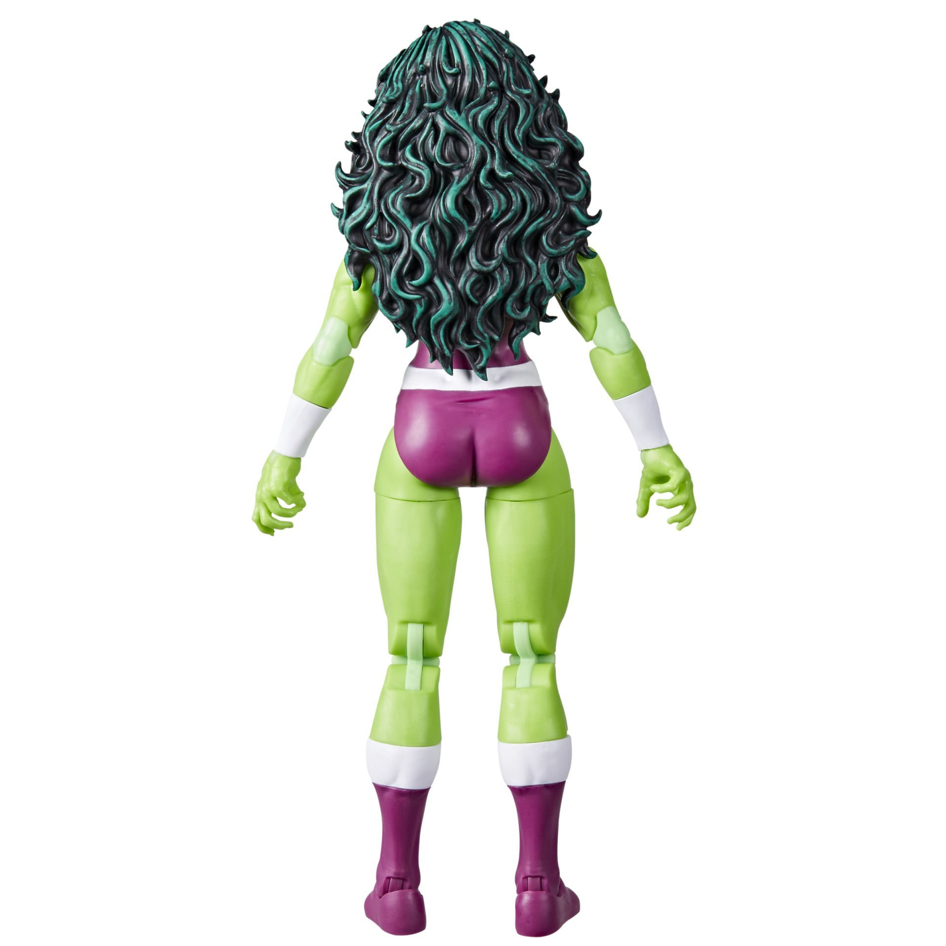 She-Hulk aksiyon figürünün arkadan görünümü. Yeşil teni, yeşil saçları, mor şortu ve beyaz aksanları var.