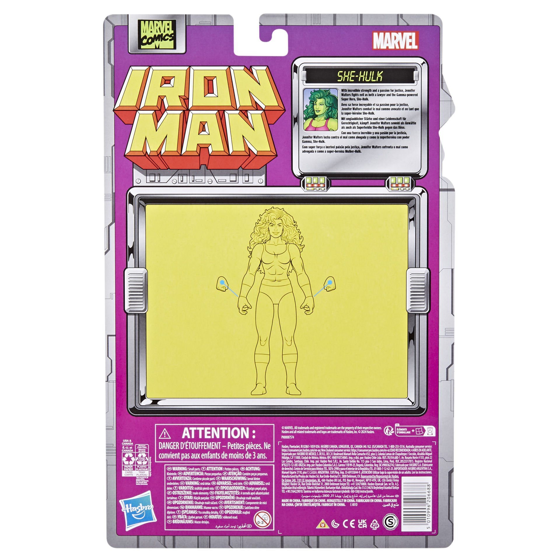 Iron Man oyuncak kutusunun arkası. She-Hulk karakteri ve çeşitli dillerde uyarılar içerir.