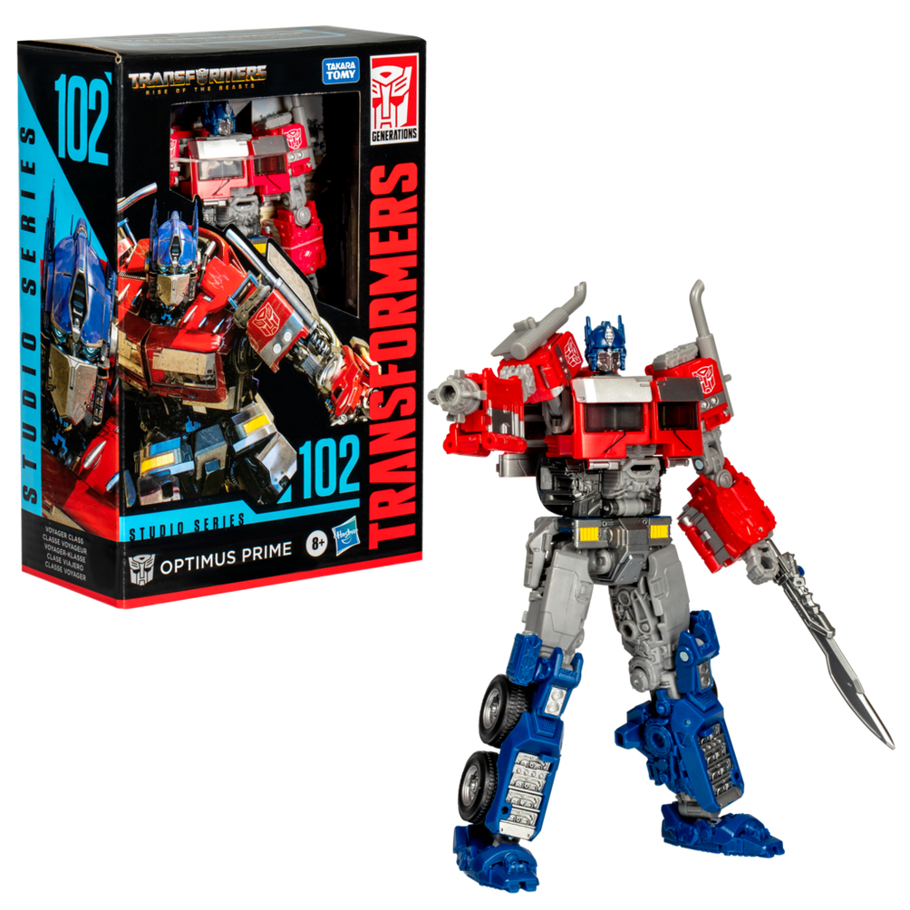Kutulu Optimus Prime aksiyon figürü. Figür kırmızı, mavi ve gümüş renklidir. Kutu, figürün bir resmiyle siyahtır.