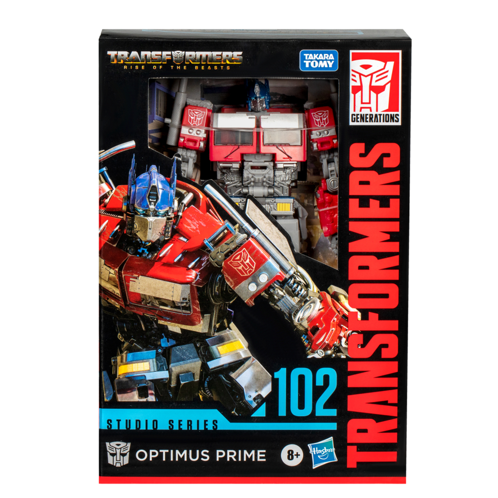 Bir Transformers oyuncak kutusu. Kırmızı ve mavi renklerde Optimus Prime'ı, 'TRANSFORMERS' ve 'Studio Series' yazılarıyla gösteriyor.