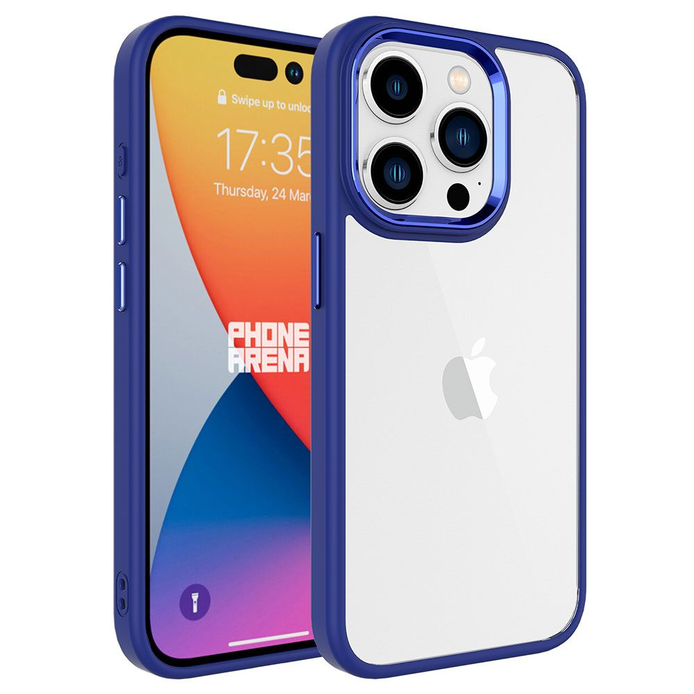 Zamanı gösteren bir ekranı olan bir akıllı telefon, mavi bir telefon kılıfı içinde. Telefonda bir Apple logosu var.