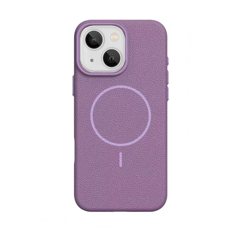 GPACK iPhone 15 Uyumlu Lichee M-Safe Şarj Özellikli Deri Desen Telefon Kılıfı Mürdüm