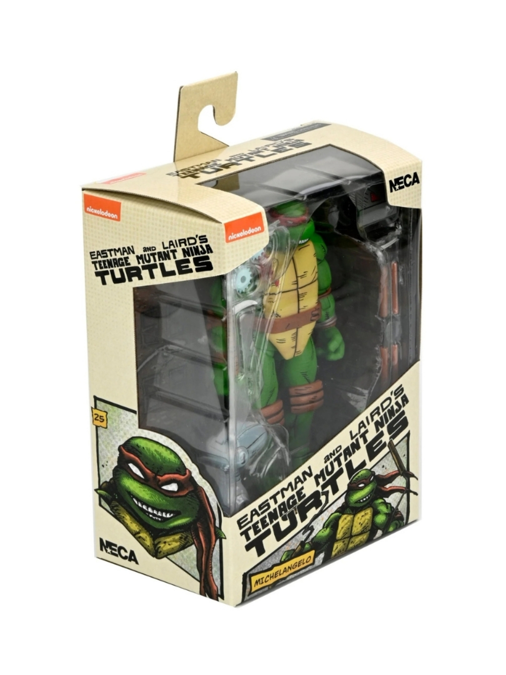 Bir Teenage Mutant Ninja Turtles aksiyon figürü kutuda. Kutuda Nickelodeon logosu ve Michelangelo karakteri yer alıyor.