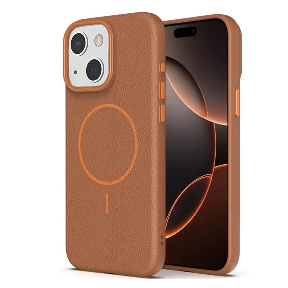 Eşleşen deri kılıflı kahverengi bir iPhone. Kılıfın turuncu bir daire ve kamera çıkıntısı var.