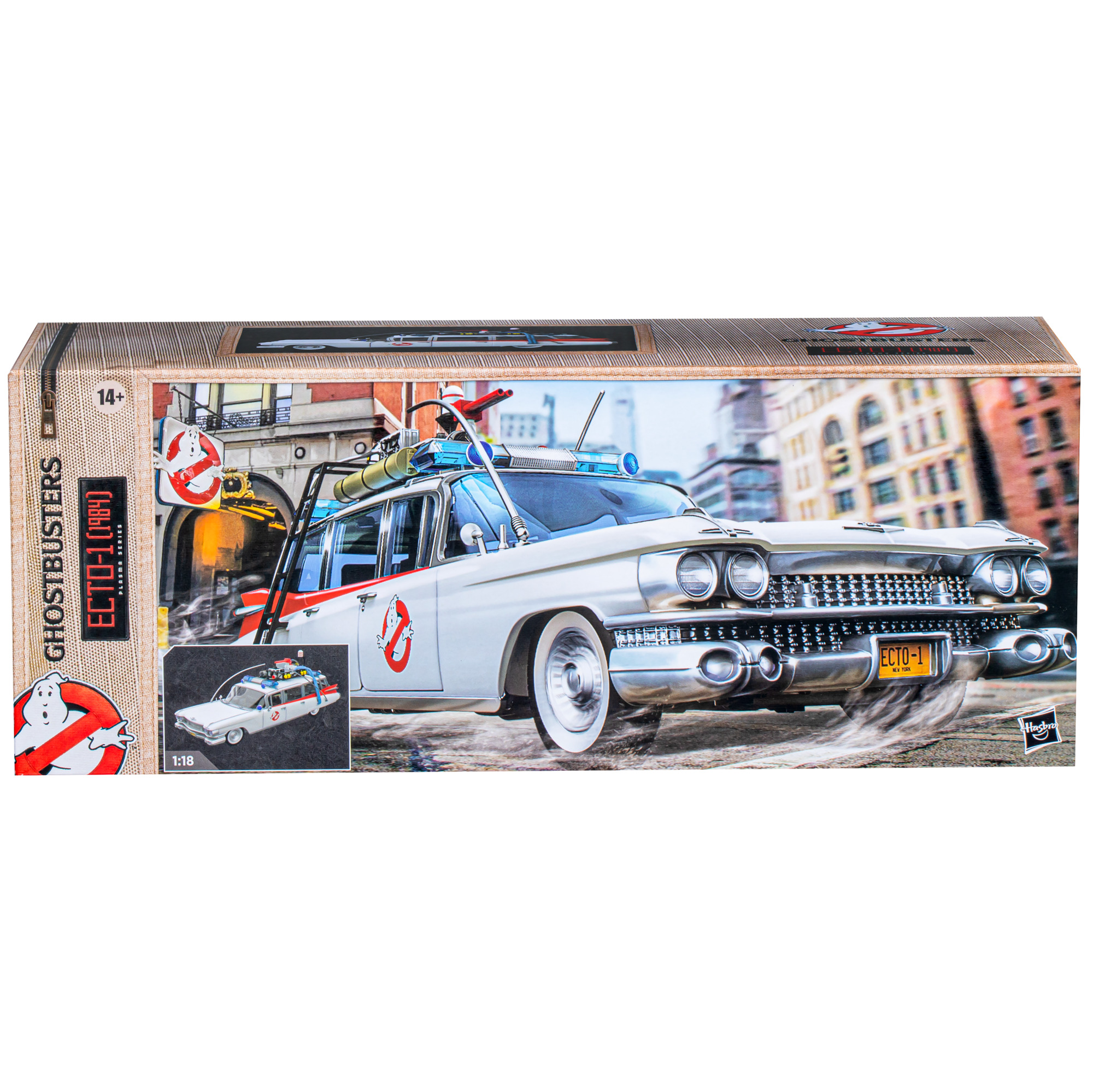 Ghostbusters Ecto-1 araba modelinin kutu sanatı. Kırmızı ve mavi detaylara sahip beyaz araba, Ghostbusters logosu ve şehir arka planı.