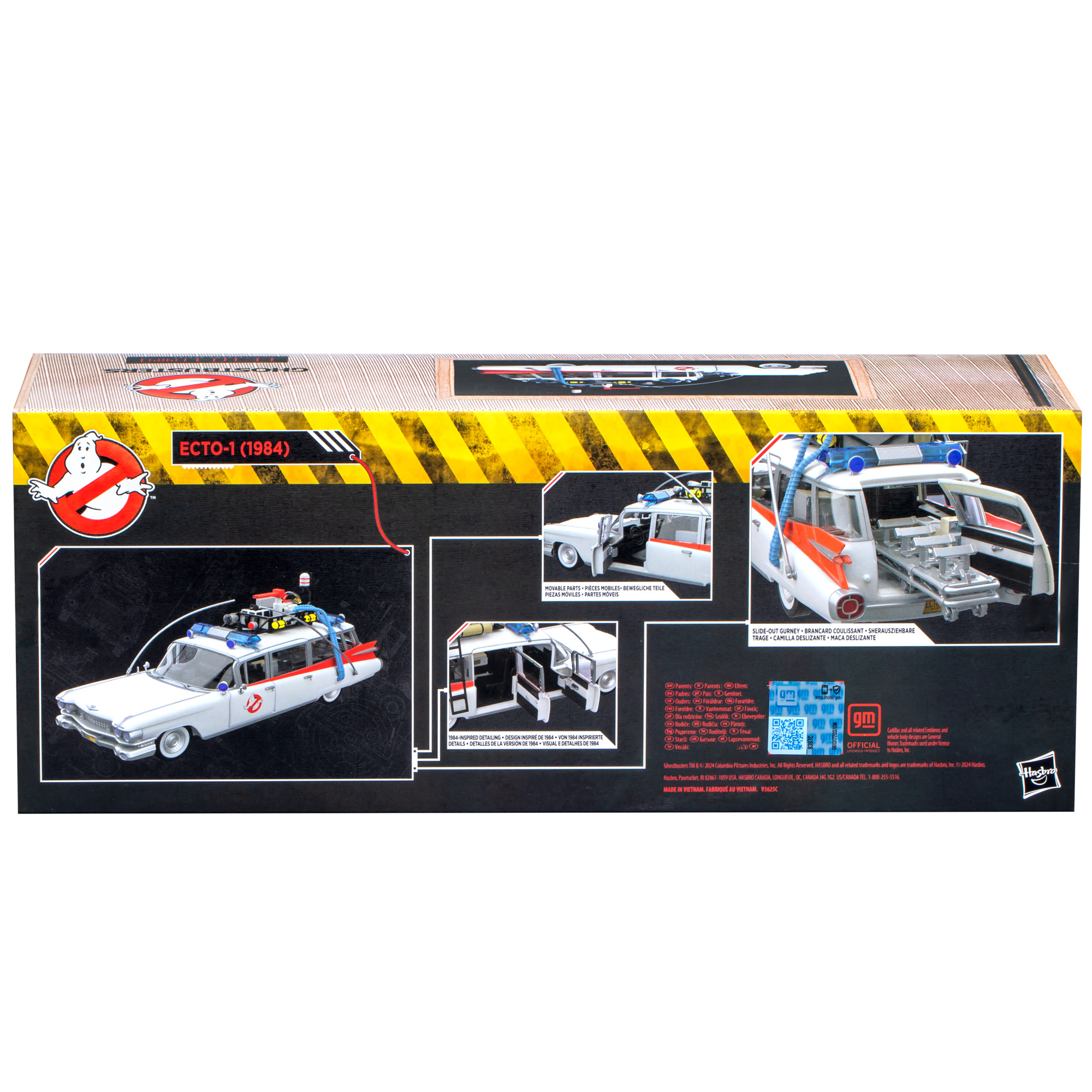 Ghostbusters Ecto-1 araba oyuncağının kutu sanatı. Araba, kutu detayları ve Ghostbusters logosunun görüntülerini içerir.