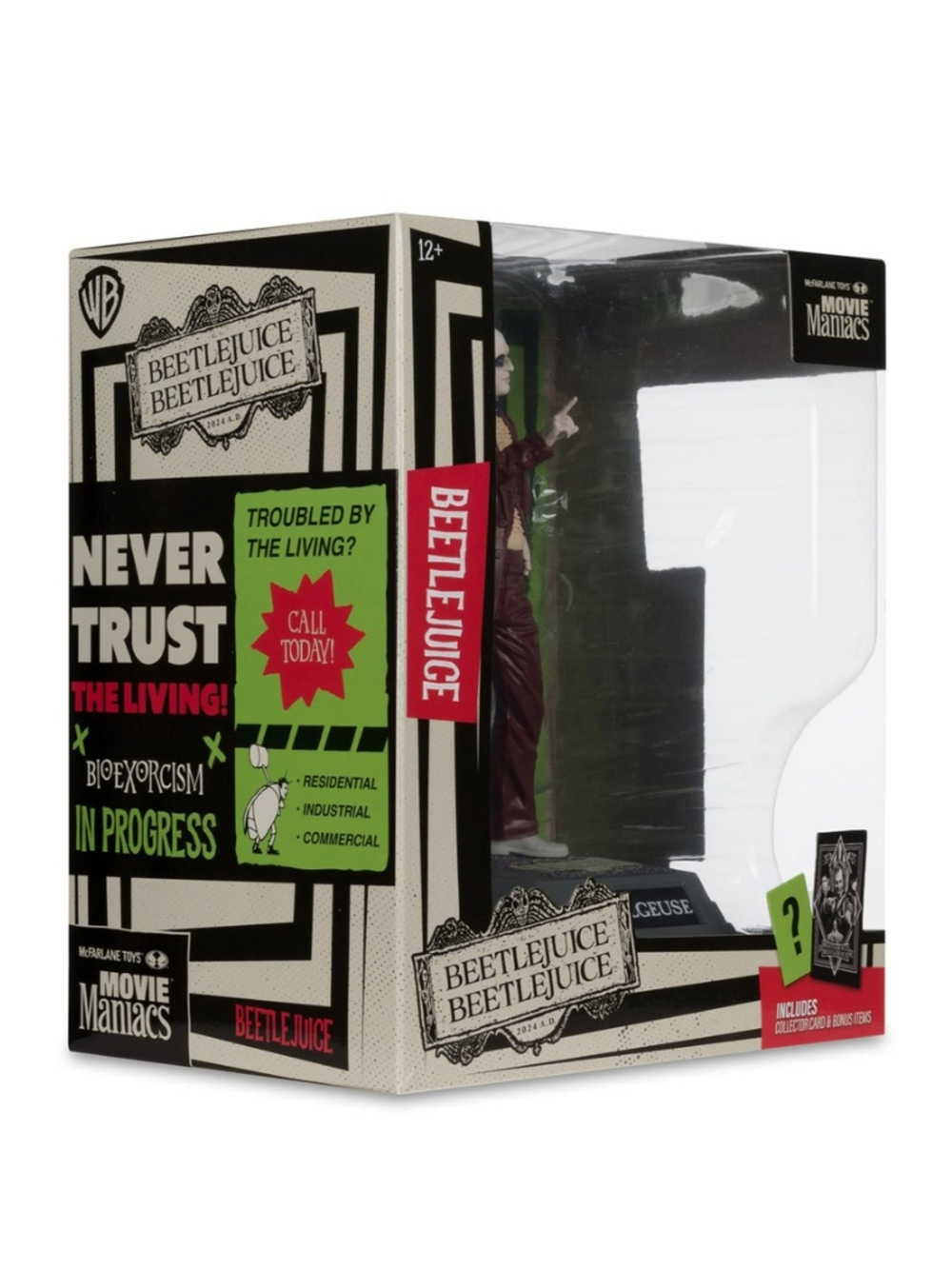 Bir kutuda Beetlejuice aksiyon figürü. Kutu üzerinde şu metinler var: Never Trust The Living, Bioexorcism in Progress ve Beetlejuice.