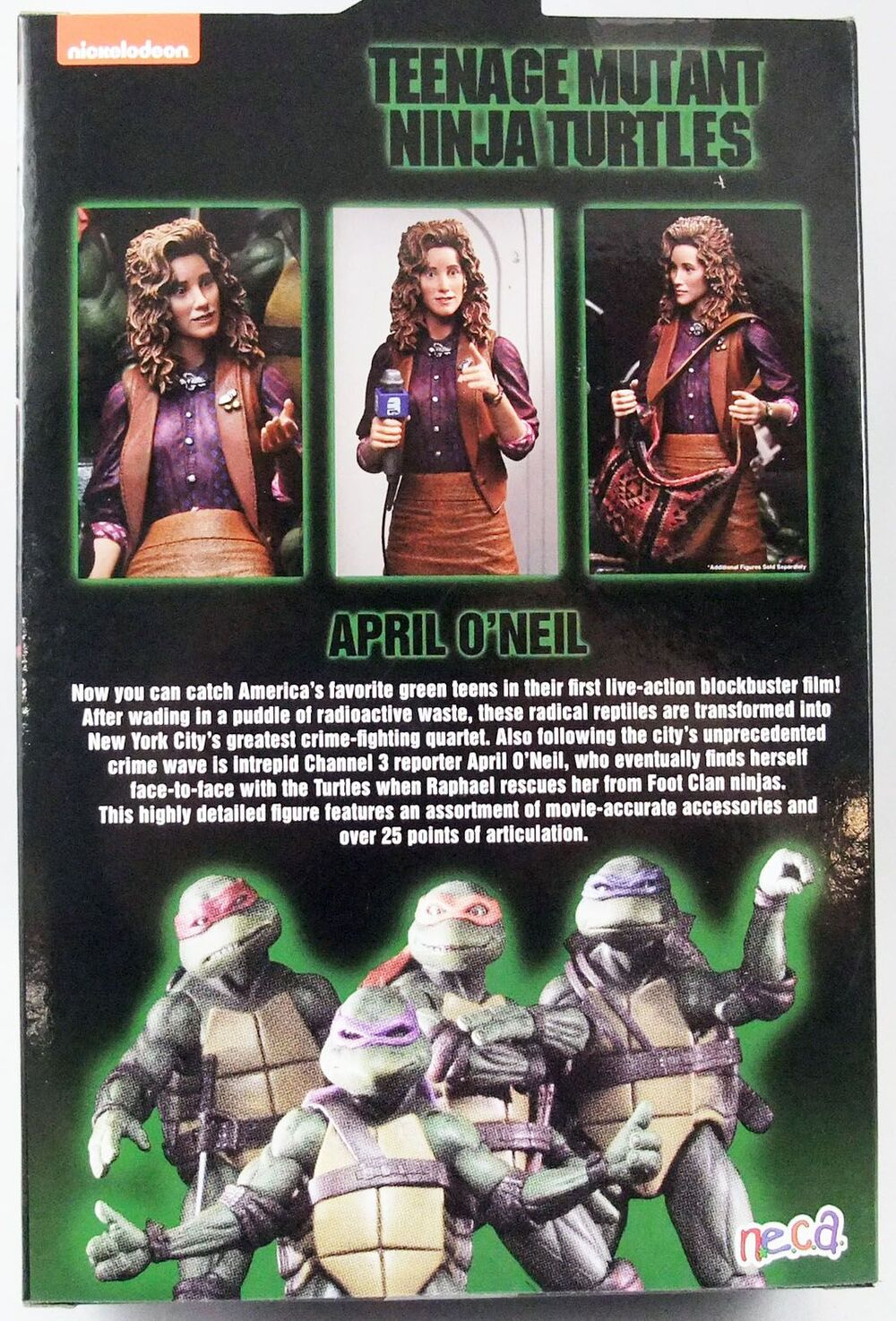 Teenage Mutant Ninja Turtles'ın kutu sanatı. April O'Neil ve Kaplumbağaları içerir. Karakterler ve film hakkında metin içerir.