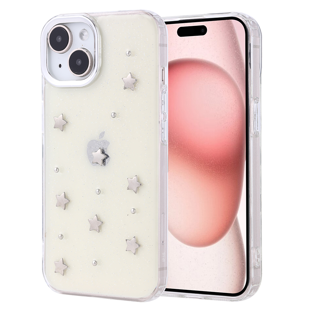 Yıldız desenli ve gümüş Apple logolu şeffaf telefon kılıfı, yanında pembe ekranlı ikinci bir telefon.