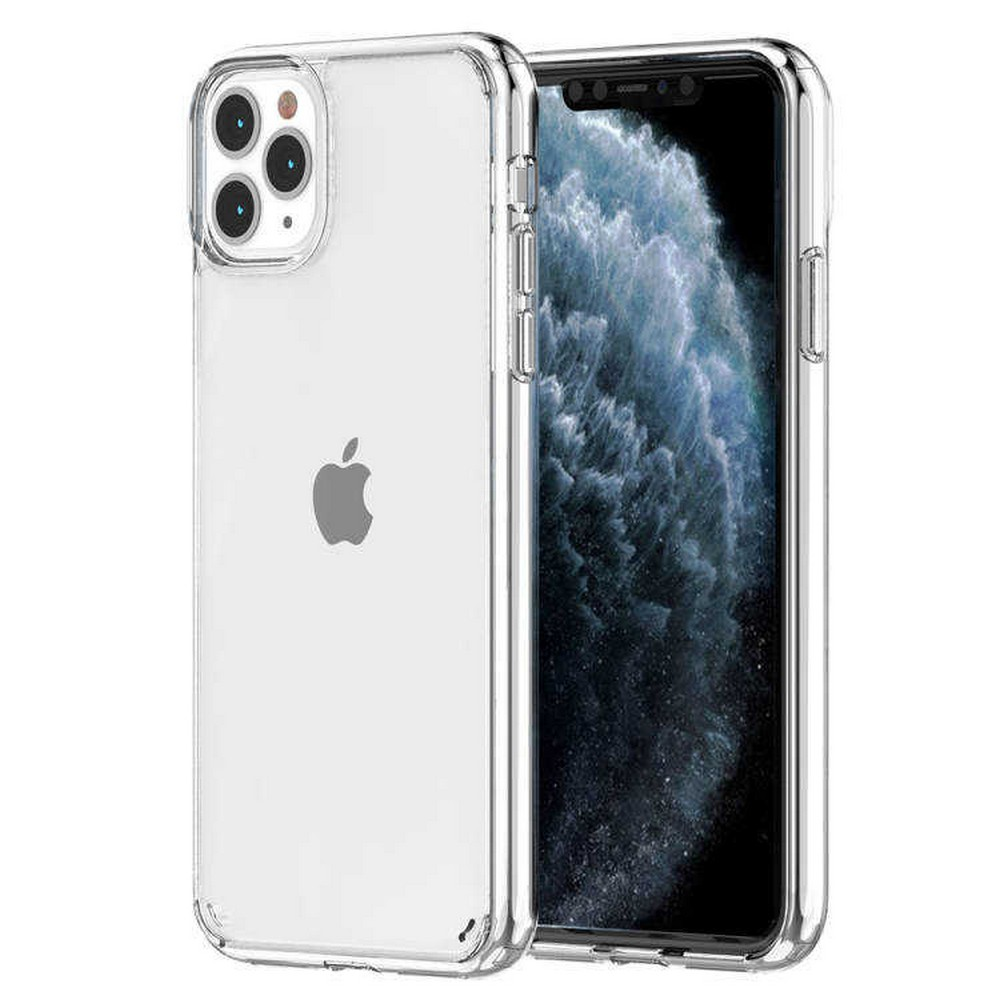 Siyah ekranlı telefonda şeffaf telefon kılıfı, Apple logosu görünür. Kılıfın gümüş bir kenarı var.