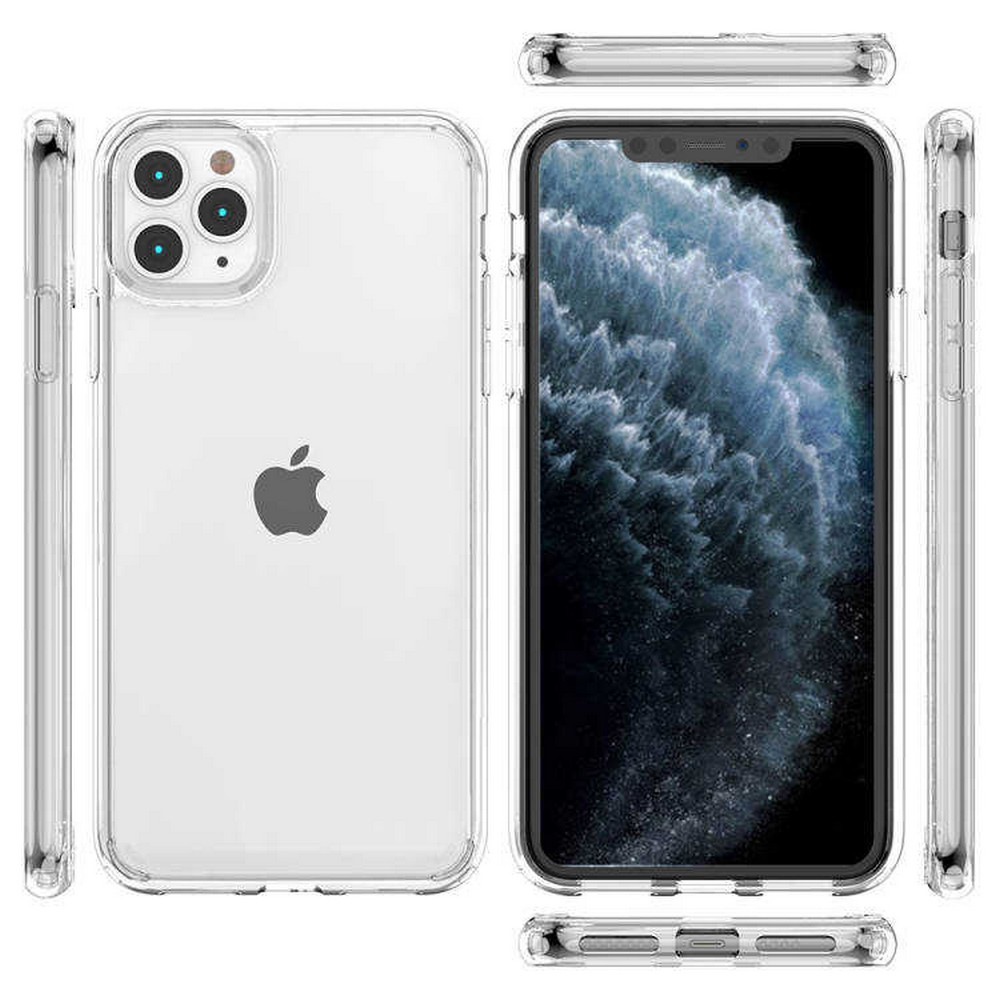 Şeffaf iPhone kılıfı, telefonun tasarımını şeffaf arka ve yan görünümle sergiliyor. Bir Apple logosu görünür.