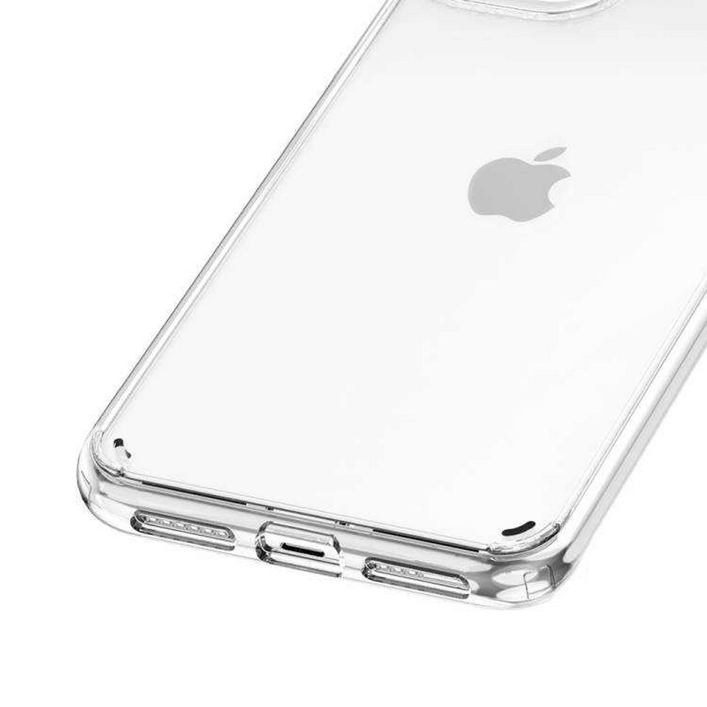 Apple logolu şeffaf telefon kılıfı. Kılıf şeffaf, telefonun tasarımını gösteriyor. Hassas uyum.