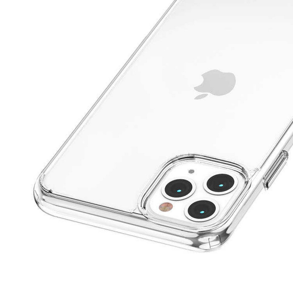 Şeffaf bir telefon kılıfı, beyaz bir telefonun arkasını kısmen kapatır. Apple logosu görünür. Köşede üç kamera merceği bulunmaktadır.