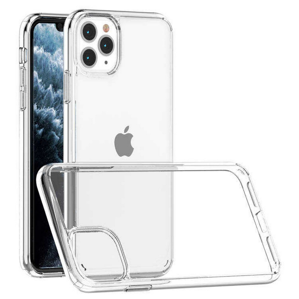 Şeffaf telefon kılıfları sergileniyor. Bir iPhone, şeffaf bir kılıfın içinde, ön planda başka bir kılıf var. Apple logosu görünür.