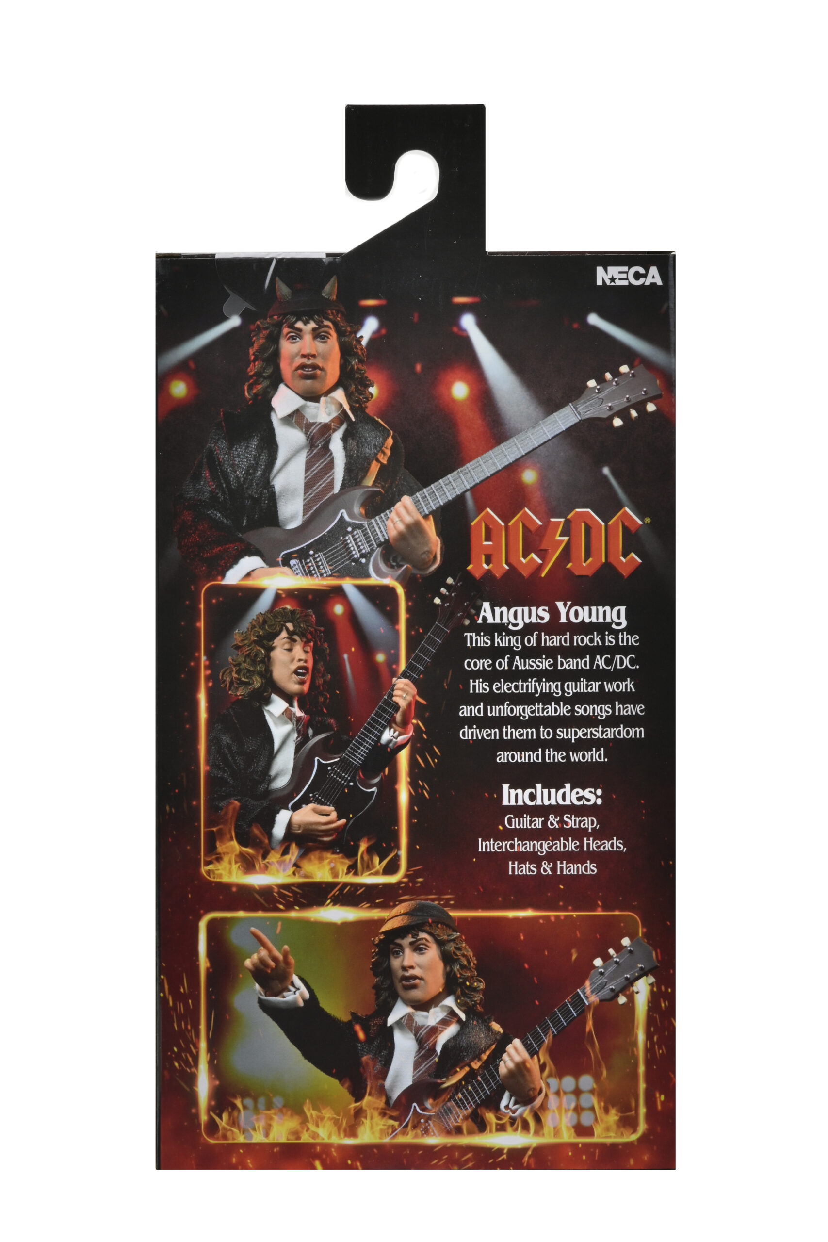 AC/DC Angus Young figürünün kutu sanatı. Figürü gitar çalarken gösterir ve onun hakkında metin içerir.