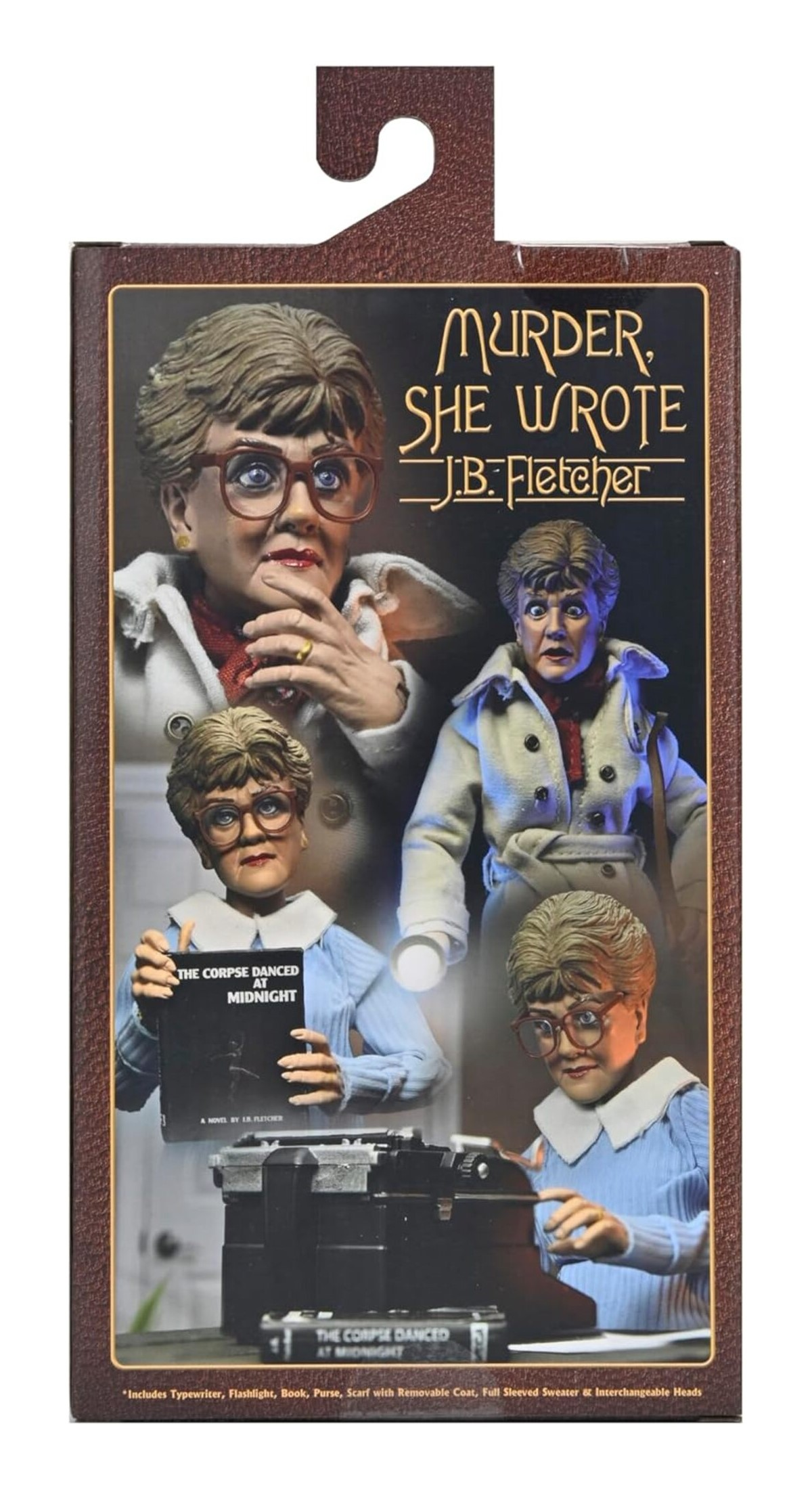 'Cinayet Bürosu' aksiyon figürünün kutu sanatı. Angela Lansbury'yi çeşitli pozlarda Jessica Fletcher olarak gösteriyor. Kitap, daktilo ve aksesuarlar içerir.