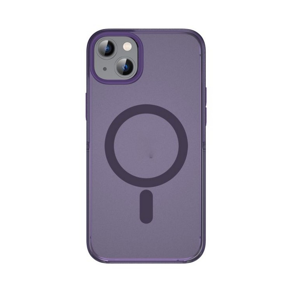 Arkasında siyah daire ve çizgi deseni bulunan, kamera lenslerini çerçeveleyen mor bir telefon kılıfı.