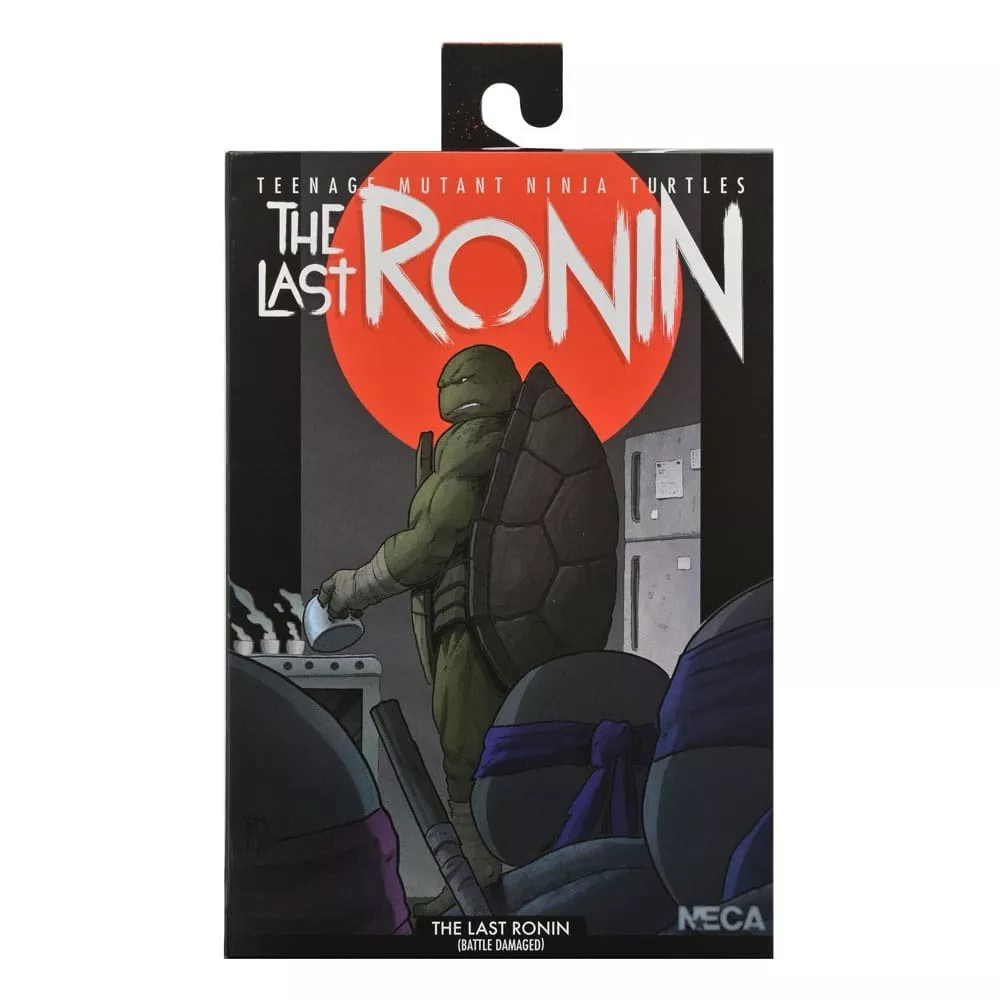 The Last Ronin kutu çalışması. Bir kap ile bir kaplumbağa figürü, arka planda diğer kaplumbağalar gösterir.