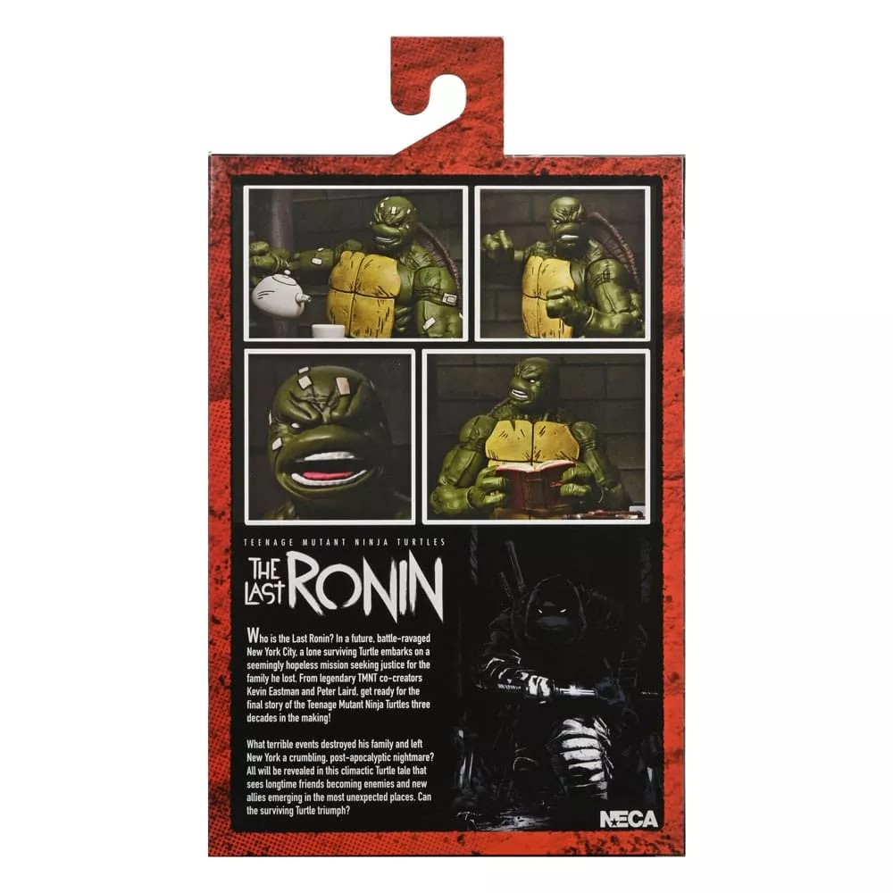 Teenage Mutant Ninja Turtles aksiyon figürü kutusunun arkası. Bir kaplumbağanın dört görüntüsünü, başlığı ve metni içerir.