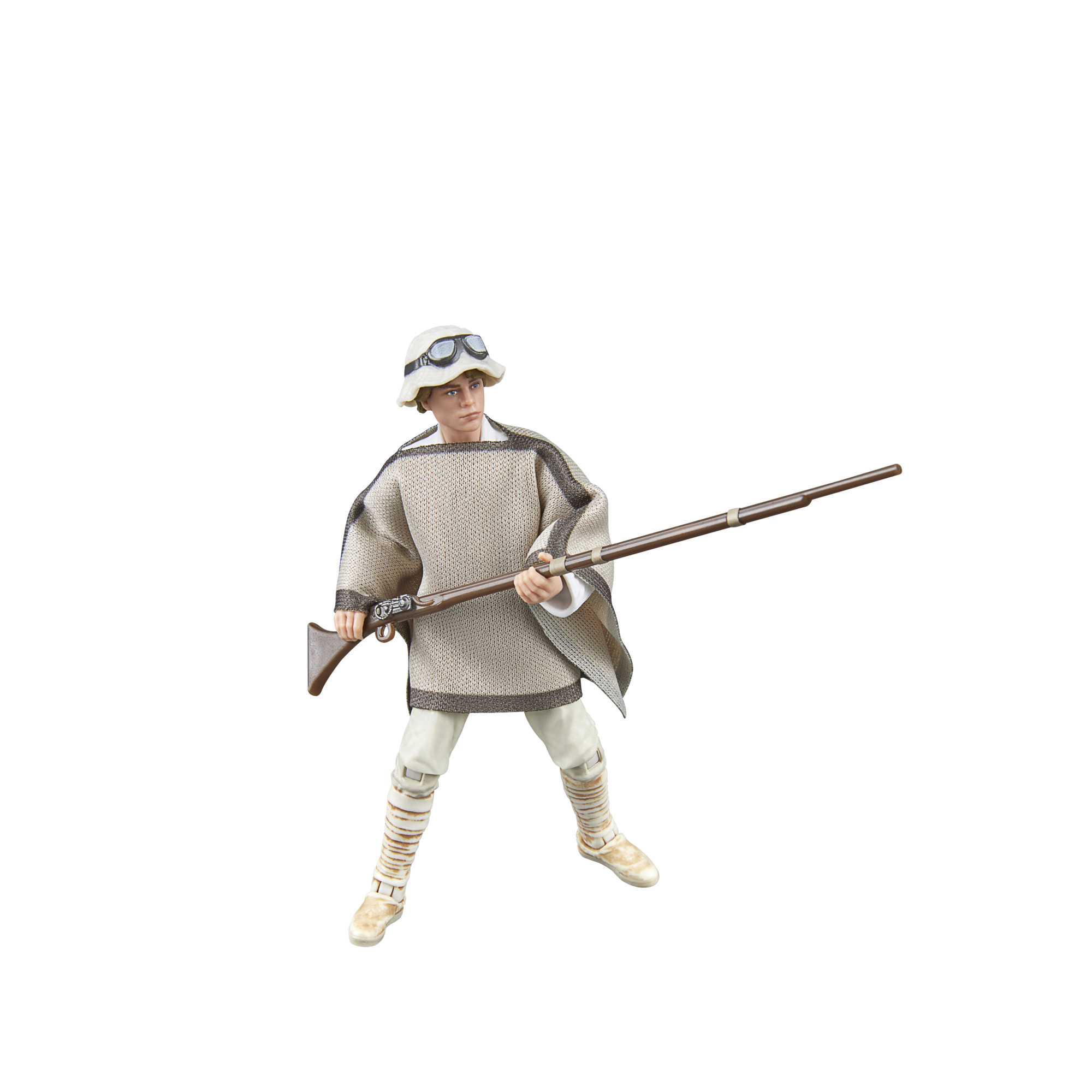 Çöl kıyafetli, tüfek tutan bir Star Wars aksiyon figürü olan Luke Skywalker. Gözlüklü bir şapka takıyor.