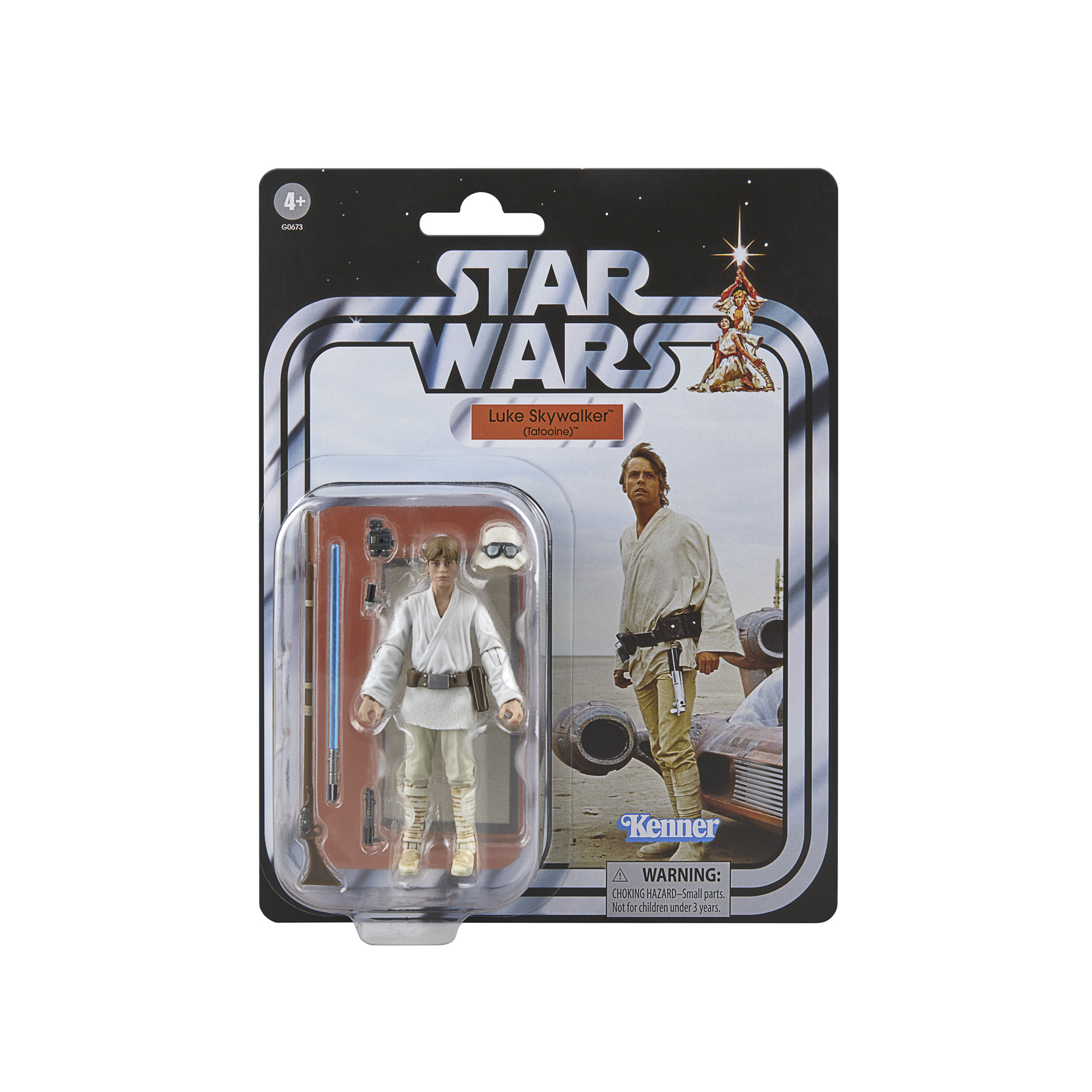 Ambalajında bir Star Wars Luke Skywalker aksiyon figürü. Luke, aksesuarlar ve Tatooine'de Luke'un bir görüntüsünü içerir.