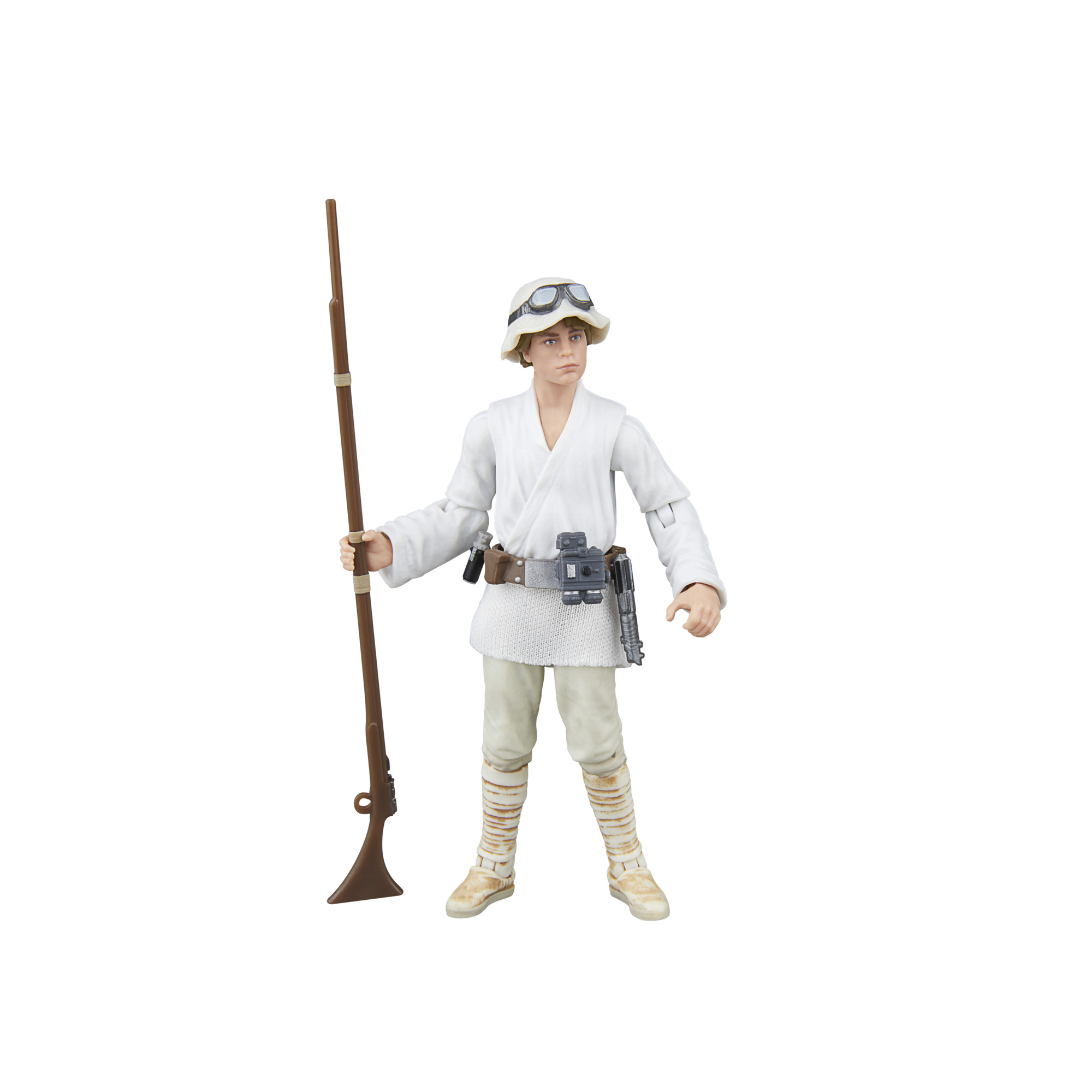 Beyaz kıyafetli, kahverengi bir asa tutan ve başında gözlük olan bir Star Wars aksiyon figürü Luke Skywalker.