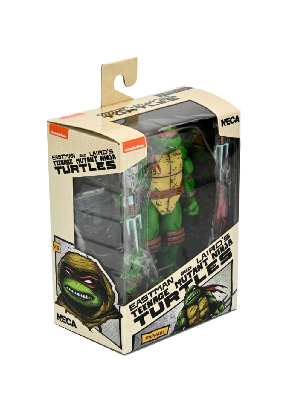 Bir Teenage Mutant Ninja Turtles Raphael aksiyon figürü bir teşhir kutusunda. Kutu karakteri ve marka adını gösteriyor.