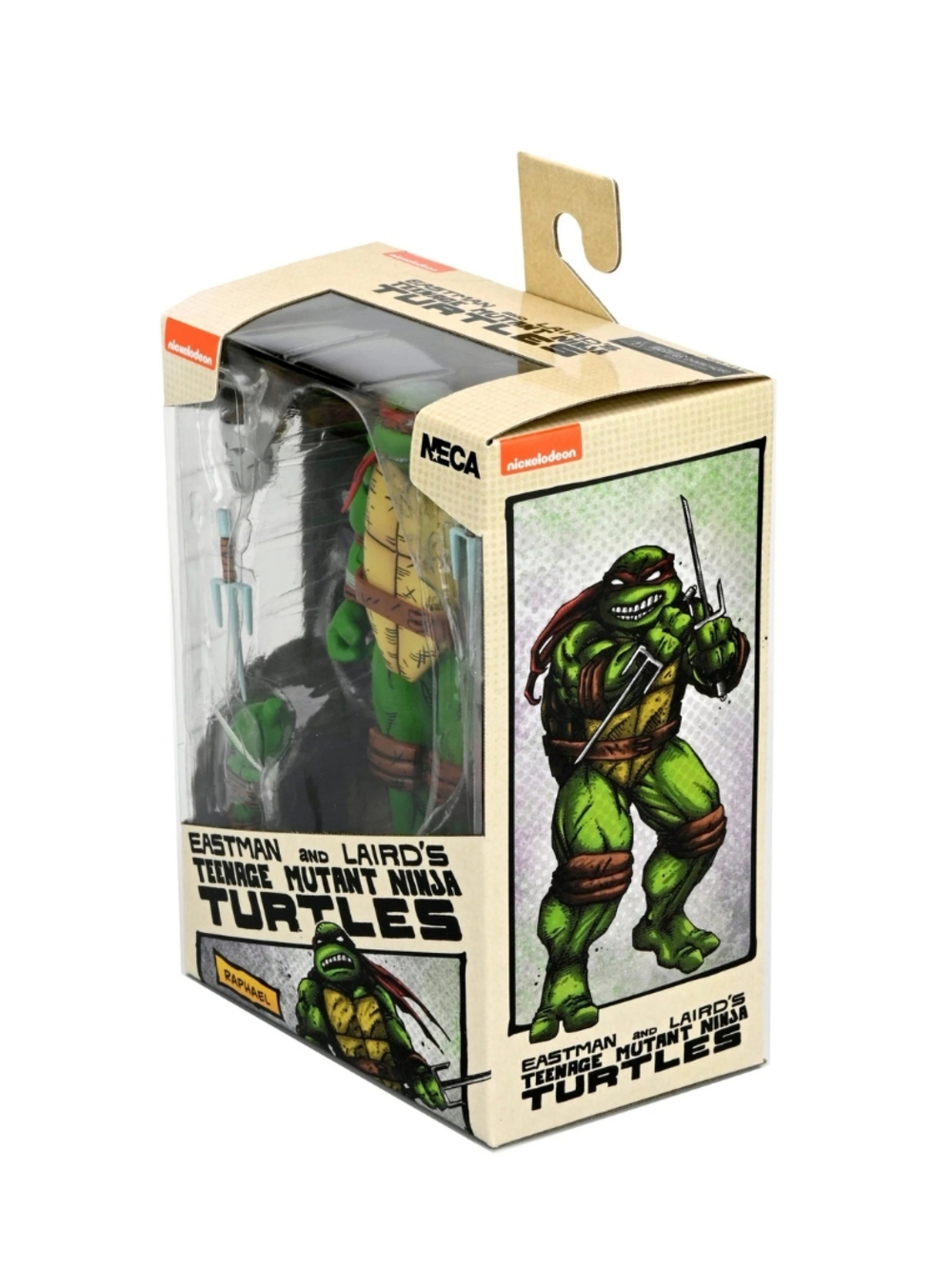 Bir Teenage Mutant Ninja Turtles aksiyon figürü kutuda. Kutu, Raphael sanatı ve figürü içerir. Kutu NECA ve Nickelodeon etiketlidir.