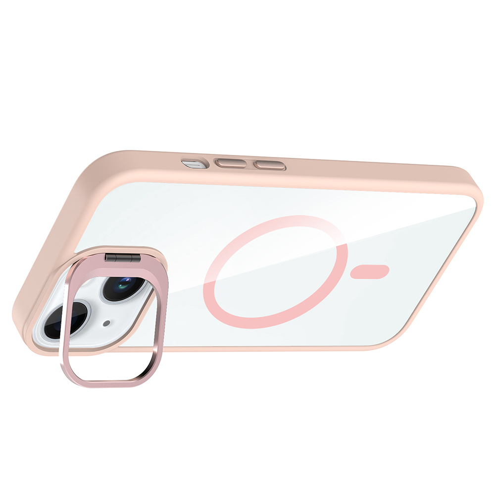 Şeffaf arkası olan pembe telefon kılıfı. Kameranın etrafında pembe bir halka ve arkada pembe bir daire deseni. Üstte üç düğme.