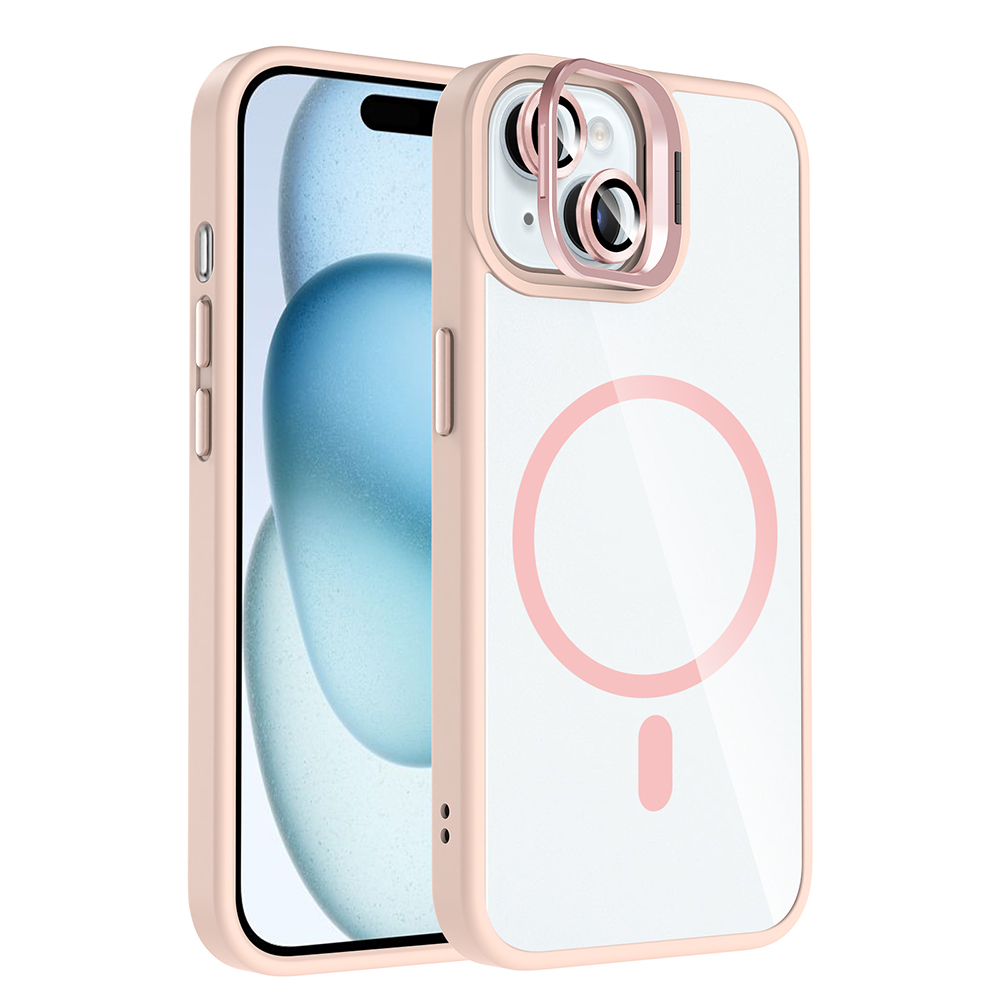 İki pembe telefon kılıfı, biri diğerinin üzerinde. Arka kılıfın pembe bir dairesi ve dikey bir çizgisi var. Telefon ekranı görülebilir.