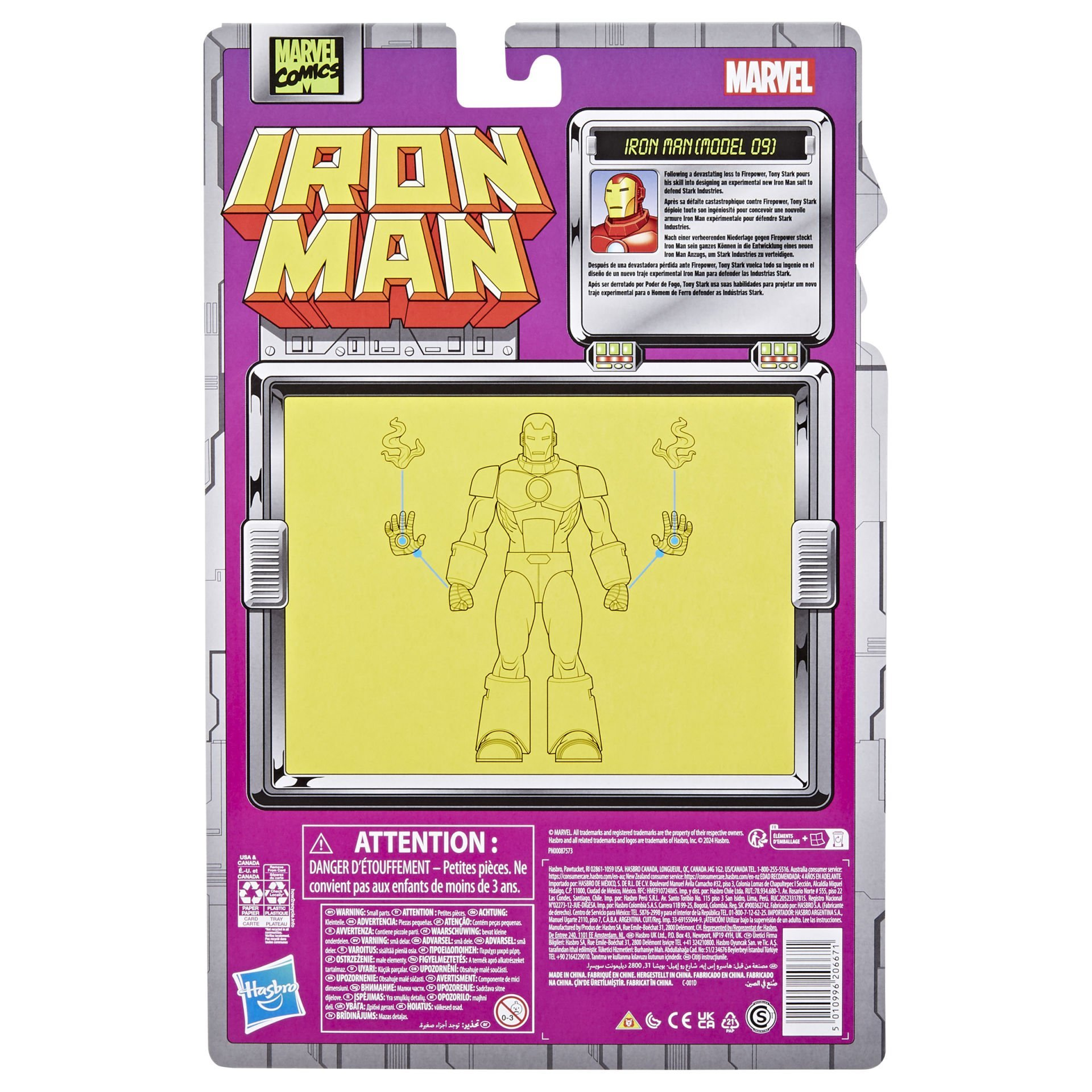 Çok dilli metinlerle bir Iron Man oyuncak kutusunun arkası, bir figür konturu gösteriliyor.