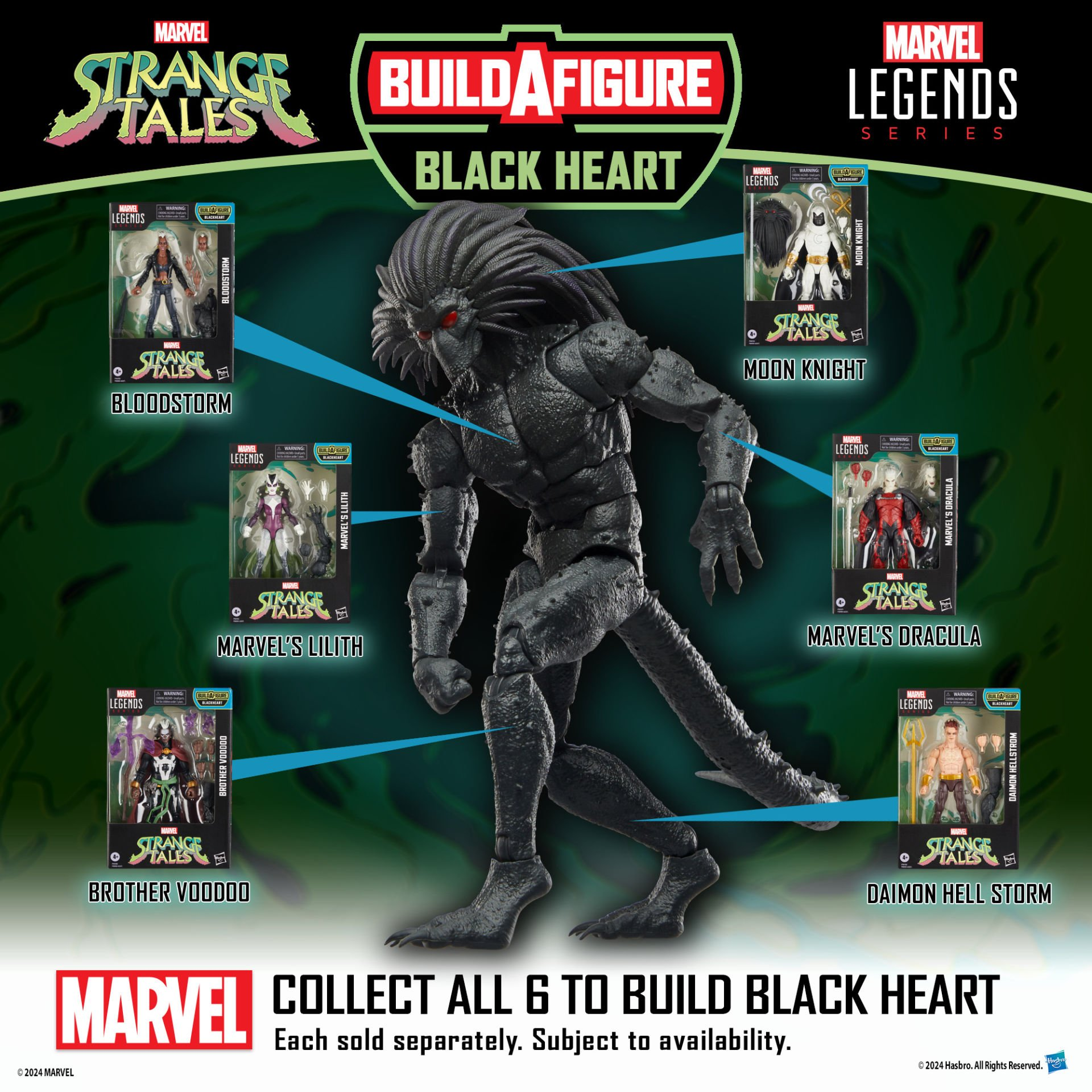 Marvel Legends-Figuren, Black Heart in der Mitte und andere darum herum. Die Figuren stammen aus der Strange Tales-Reihe.