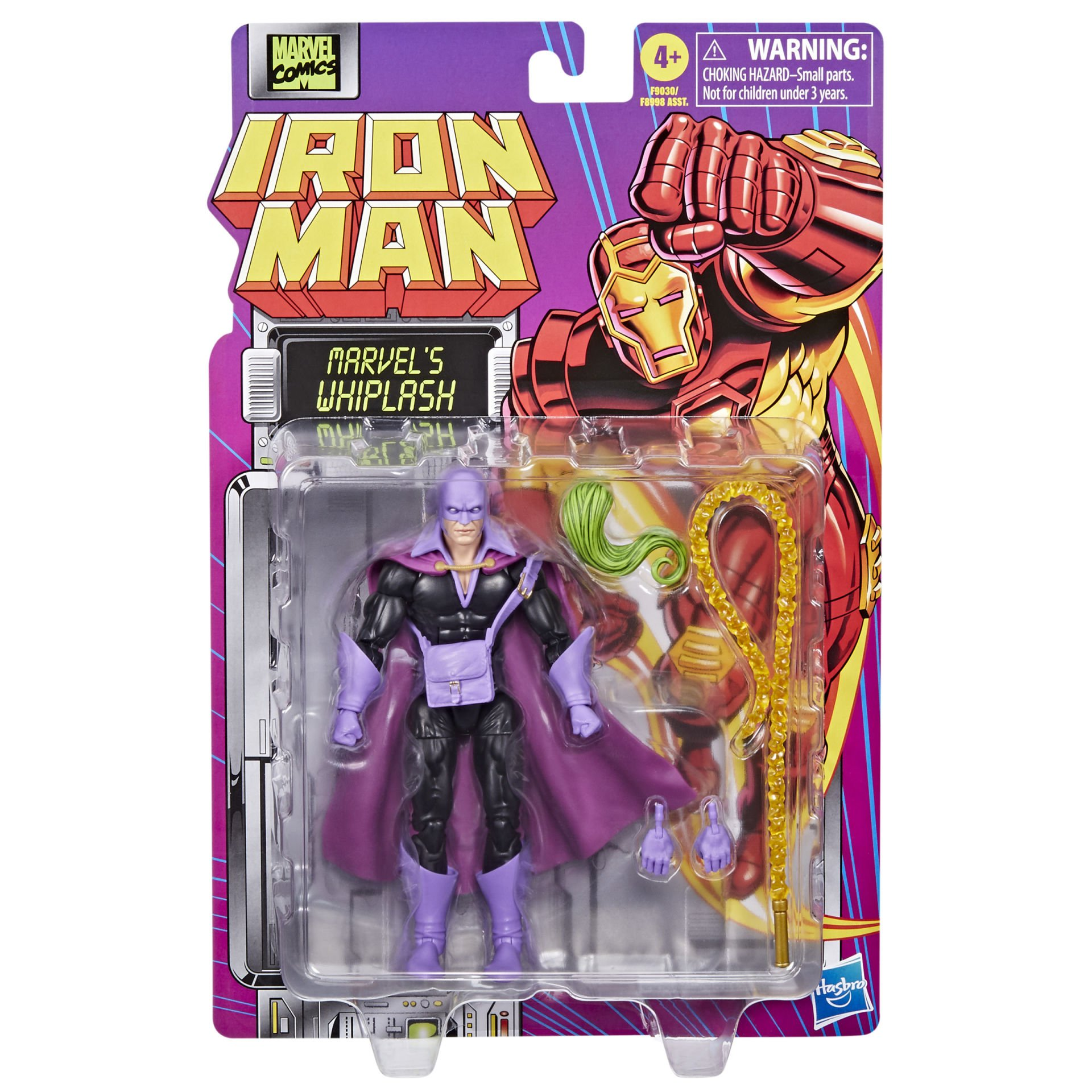 Ambalaj, bir Iron Man aksiyon figürü gösteriyor. Mor ve siyah renklerde Whiplash, sarı bir kırbaç ve bir Iron Man illüstrasyonu içerir.