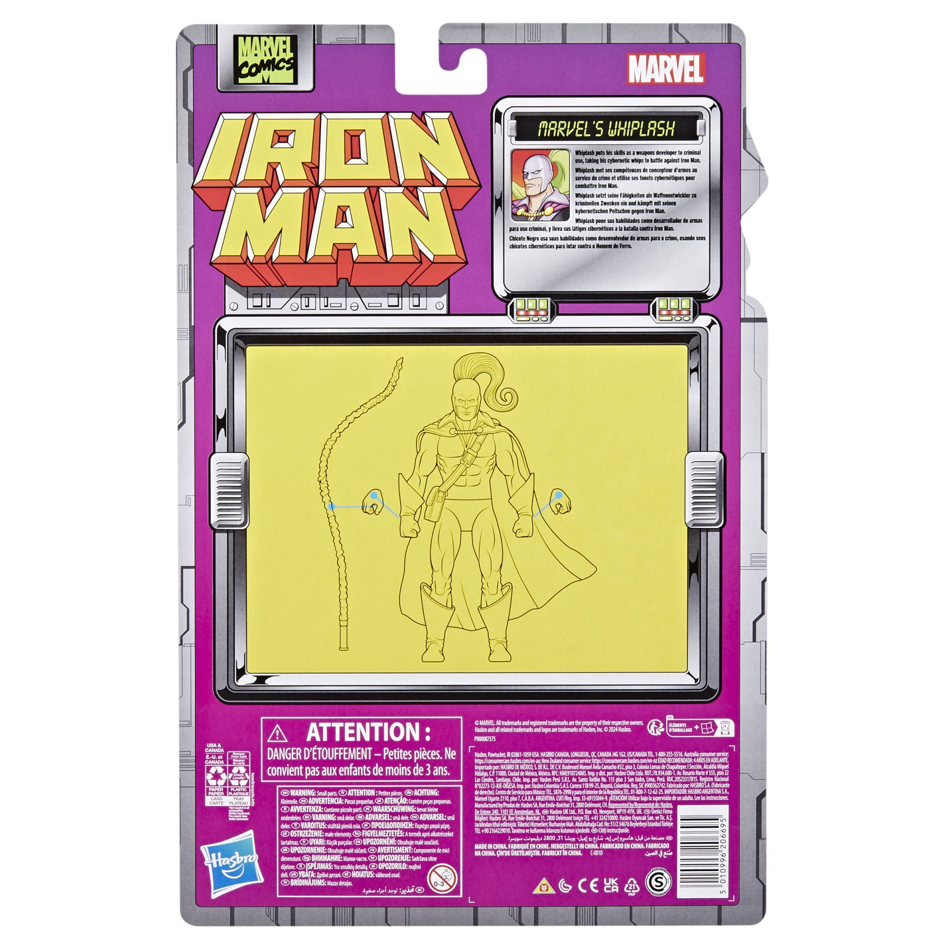 Bir Marvel Iron Man oyuncak paketi. Iron Man logosu, Whiplash figürünün ana hatları ve uyarı etiketleri bulunur.