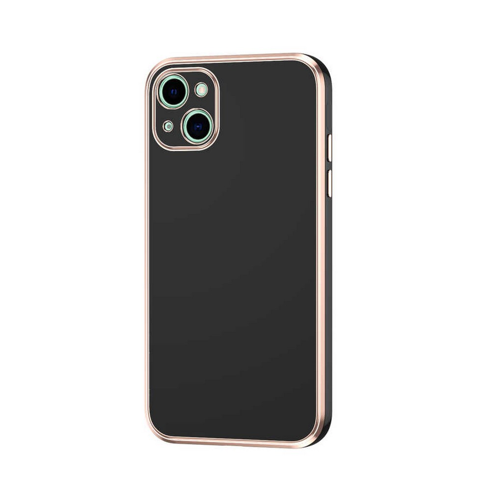 Altın renkli çerçeveli siyah telefon kılıfı. Kamera kesiklerine ve parlak siyah yüzeye sahiptir. Çerçeve altın rengindedir.