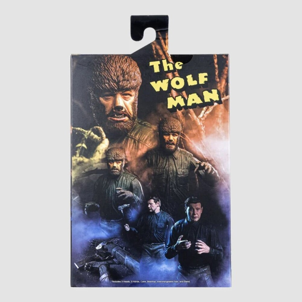 Caja de la figura de acción de The Wolf Man. Presenta imágenes del Hombre Lobo en varias formas, con texto y una pestaña colgante.