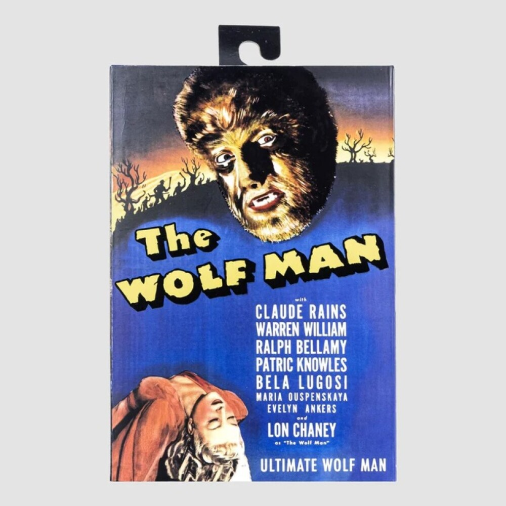Póster de la película 'El Hombre Lobo'. Presenta una cara de hombre lobo, nombres del reparto y una mujer. El fondo es un cielo azul.