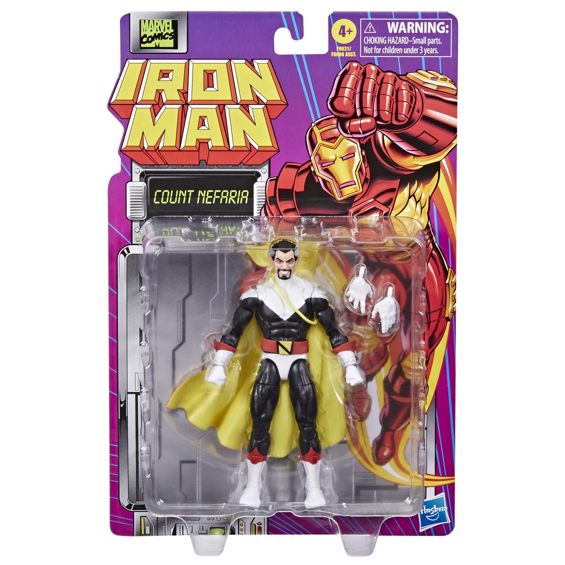 Plastik ambalajda Count Nefaria'nın Iron Man oyuncak figürü. Arka plan, Iron Man'in görüntüsünü ve Marvel Comics logosunu içerir.
