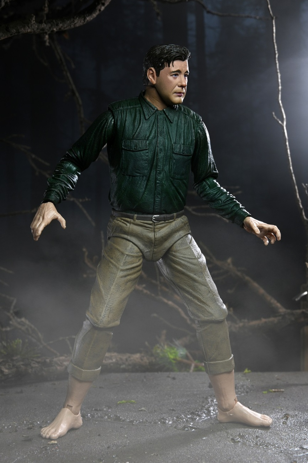 Una figura de un hombre con camisa verde y pantalones color canela está de pie descalzo, con los brazos abiertos. El fondo muestra niebla y ramas.