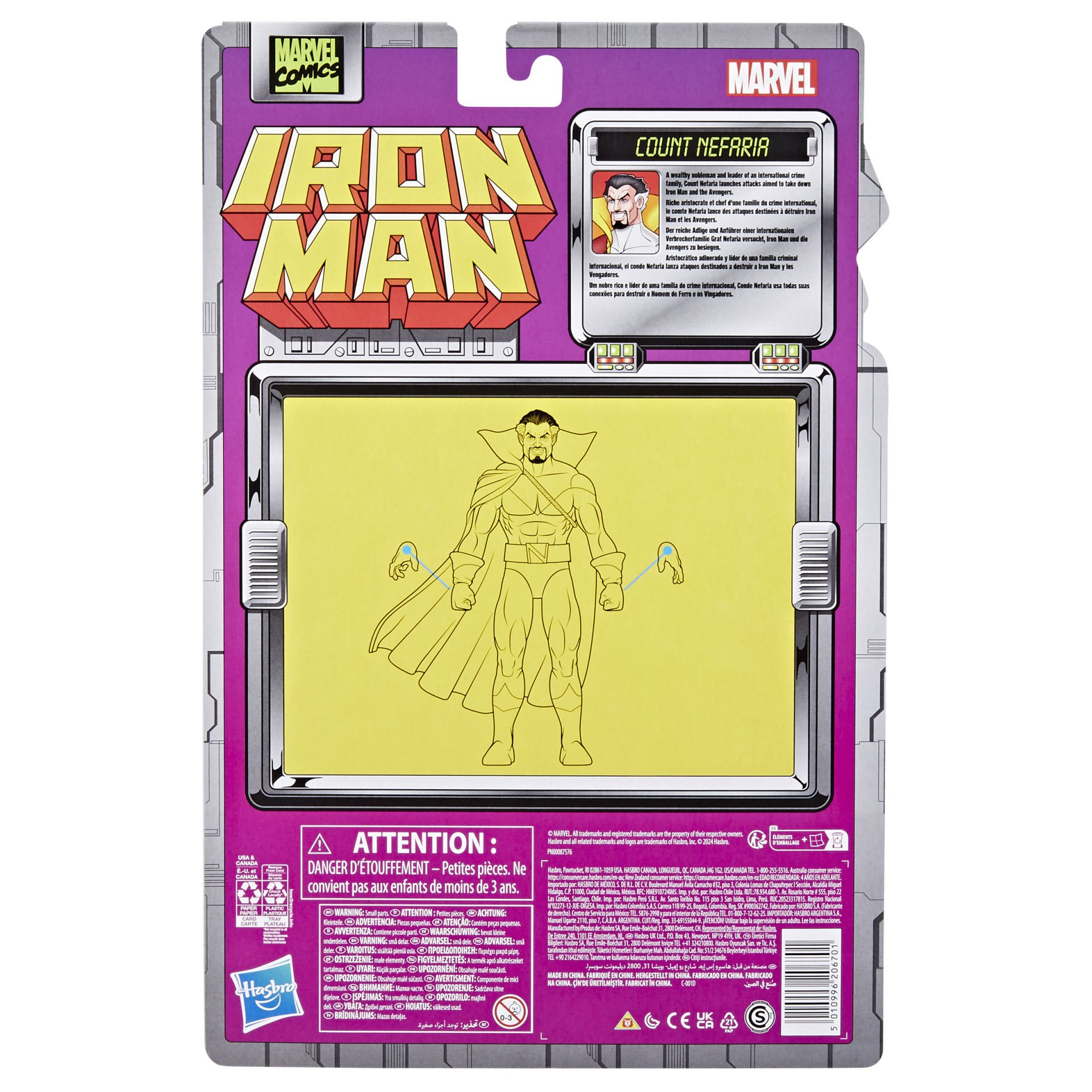 Bir Iron Man oyuncak kutusunun arkası. Metin açıklaması ve uyarılarla Kont Nefaria karakterini gösterir.