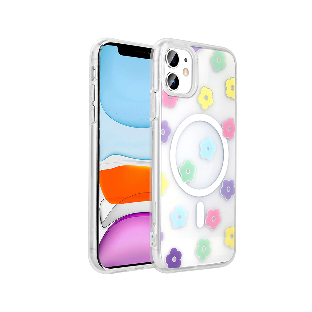Renkli çiçek desenli şeffaf kılıf içinde iPhone. Kılıfta beyaz bir daire ve eksi işareti var.