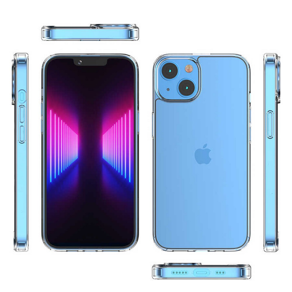 Şeffaf mavi kılıflı bir iPhone 13. Telefon, ön, arka ve yanlardan gösteriliyor.